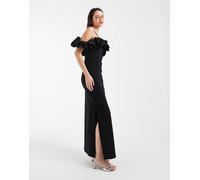 Object - Vestito lungo in raso nero tenue con spalle scoperte e volant 34