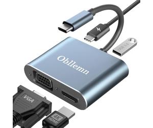 Obllemn Adattatore USB C a HDMI VGA, 4 K a 30 Hz 4 in 1 USB C multiporta adattatore Thunderbolt 3 a HDMI VGA con USB 3.0 Porta dati,PD 100 W porta, A-dattatore U SB C a V-GA per MacBook Pro/Air