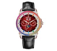 OBLVLO Orologio da uomo di lusso con lunetta diamantata 24 ore multifunzione meccanico automatico fasi lunari cinturino in pelle GCM GCM-MUT, GCM-MUT-PCRBL, moderno