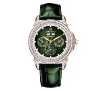 OBLVLO Orologio da uomo di lusso con lunetta diamantata 24 ore multifunzione meccanico automatico fasi lunari cinturino in pelle GCM GCM-MUT, GCM-MUT-PGGL, moderno