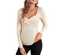 Obotsnoi Camicia premaman a maniche lunghe, elasticizzata, incrociata, con scollo a V, in misto poliestere traspirante, per l'allattamento al seno di tutti i giorni, con scollo a V a costine, camicia