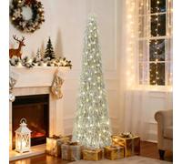 Obralitic Albero di Natale pop-up a pelo lungo, 1,5 m, con 50 luci con timer, colore argento, pieghevole, albero di Natale artificiale, per casa, appartamento, ufficio, vacanze, feste, facile da