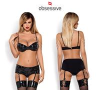 Obsessive Completino Nero Lucido PVC con Catenine Reggiseno e Mutanda Reggicalze