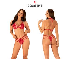 Obsessive Set Due Pezzi Reggiseno e Perizoma Velati con Fiocchi Rossi e Lacci