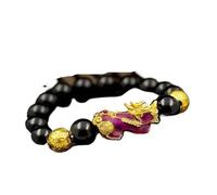 obsidian bracelet, Braccialetto in pietra ossidiana Pixiu cava solida con perline in oro 24K 999 da uomo, smalto, temperatura variabile(Red -)