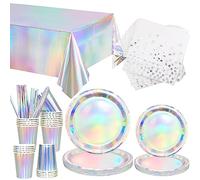 Obussgar 106 Pezzi Forniture per Feste Iridescenti - Stoviglie per Feste Olografiche Include Cannucce per Tazza Tovaglie in Alluminio per Festa di Compleanno in Matrimonio Anni '80, per 20 Persone