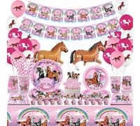 Obussgar 159 Pezzi Decorazioni per Feste di Compleanno a Cavallo-Banner di Buon Compleanno a Tema Cavallo Rosa, Piatti di Carta Tovaglioli Tazze Palloncini Torta Cupcake Topper Tovaglia per Forniture