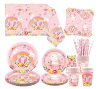 Obussgar Bunny - Stoviglie per feste di compleanno di conigli, tra cui piatti, bicchieri, tovaglioli, tovaglie, cannucce - per 20 persone