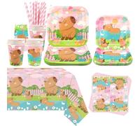Obussgar Capybara - Decorazione per feste di compleanno a tema Capybara, include piatti, bicchieri, tovaglioli, tovaglie, cannucce, 20 pezzi