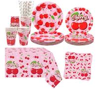 Obussgar Cherry Party Decoration - Ciliegia festa di compleanno stoviglie forniture include piatti, bicchieri, tovaglioli, tovaglia, cannucce - 20 pezzi