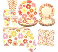 Obussgar Daisy, decorazione per feste di compleanno, accessori per stoviglie per feste di compleanno, tra cui piatti, bicchieri, tovaglioli, tovaglie, cannucce, per 20 persone (colorate)