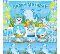 Obussgar Decorazione di compleanno blu Axolotl - Articoli per feste blu Axolotl inclusi sfondo, piatti, decorazione torte, bicchieri, tovaglioli, palloncini, tovaglia - Serves 20 (BJ)