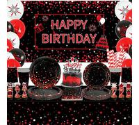 Obussgar Decorazione di compleanno rosso e nero - accessori per feste rosso nero, tra cui striscioni, piatti, decorazioni per torte, bicchieri, tovaglioli, palloncini, tovaglie, per 20 persone (BJ)