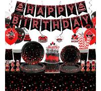 Obussgar Decorazione per compleanno rossa e nera - Set per feste con striscioni, piatti, decorazioni per torte, bicchieri, tovaglioli, palloncini, tovaglie - per 20 persone (LQ)