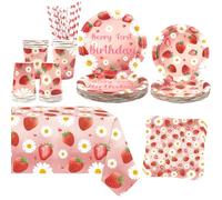 Obussgar Decorazione per feste a forma di fragola e margherita, per feste di compleanno, include piatti, bicchieri, tovaglioli, tovaglie, cannucce, per 20 persone