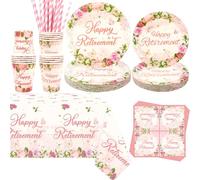 Obussgar Decorazioni floreali per feste in pensione, accessori rosa per feste in pensione, compresi piatti, bicchieri, tovaglioli, tovaglie, cannucce - per 20 persone
