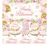 Obussgar Decorazioni floreali rosa per feste in pensione - Accessori per feste in pensione, tra cui striscioni, piatti, decorazioni per torte, bicchieri, tovaglioli, tovaglioli, tovaglie, per 20