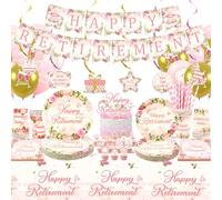 Obussgar Decorazioni floreali rosa per feste in pensione, accessori per feste in pensione, tra cui striscioni, piatti, decorazioni per torte, bicchieri, tovaglioli, tovaglioli, tovaglie, per 20