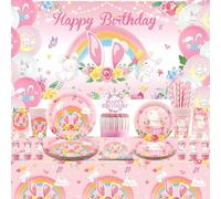Obussgar Decorazioni per feste di compleanno a forma di coniglietto, tra cui sfondo, piatti, topper per torte, tazze, tovaglioli, palloncini, tovaglia, per 20 persone (BJ)