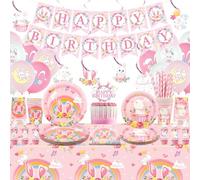 Obussgar Decorazioni per feste di compleanno a forma di coniglietto, tra cui striscioni, piatti, decorazioni per torte, tazze, tovaglioli, palloncini, tovaglia, per 20 persone (LQ)