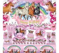 Obussgar Forniture per feste a tema cavallo rosa per ragazza, 159 pezzi Decorazioni a tema cavallo Include sfondo di buon compleanno Piatti di carta Tovaglioli Tazze Palloncini Cake Topper, 20 persone