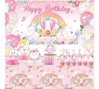 Obussgar Pink Bunny, decorazioni per feste di compleanno per ragazze, accessori per feste a tema coniglietto, tra cui sfondo "Happy Birthday", decorazioni per torte, decorazioni da tavolo (BJ)