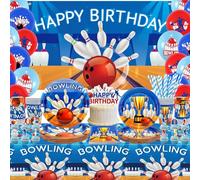 Obussgar Set per festa di compleanno a tema bowling - Accessori per festa a tema bowling, tra cui striscioni, piatti, decorazione per torta, bicchieri, tovaglioli, palloncini, tovaglie - per 20