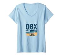 OBX Life: Grafica con Onde costiere per Gli Appassionati di Spiaggia Maglietta con Collo a V, Donna, Celeste, L