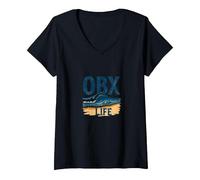 OBX Life: Grafica con Onde costiere per Gli Appassionati di Spiaggia Maglietta con Collo a V, Donna, Nero, L