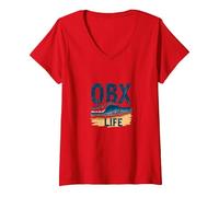 OBX Life: Grafica con Onde costiere per Gli Appassionati di Spiaggia Maglietta con Collo a V, Donna, Rosso, L