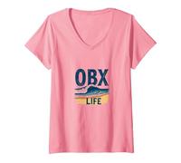 OBX Life: Grafica con Onde costiere per Gli Appassionati di Spiaggia Maglietta con Collo a V, Donna, Rosa, L