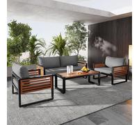 OCACA Set di divani da giardino per 5-6 persone, moderno set da esterno con telaio in ferro zincato, braccioli decorativi in legno, mobili lounge, set da balcone, giardino e terrazza (3 pezzi)