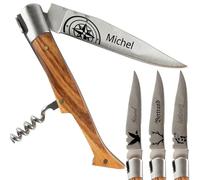 Ocadeau Coltellino tascabile personalizzato - Cavatappi, manico in frassino e incisione sulla lama - Regalo personalizzato per uomo per la festa del papà, il compleanno o Natale