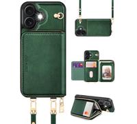 OCASE Custodia a Portafoglio per iPhone 16, Indivisibile Portafoglio con Cerniera, 7 Slot Schede, Divisibile 2 Cordino Tracolla, RFID Blocage, Custodie in Pelle per iPhone 16 (6,1'') - Verde Scuro