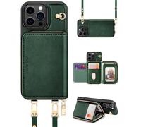 OCASE Custodia a Portafoglio per iPhone 16 Pro, Indivisibile Portafoglio con Cerniera, 7 Slot Schede, 2 Cordino Tracolla, RFID Blocage, Custodie in Pelle per iPhone 16 Pro (6,3'') - Verde Scuro