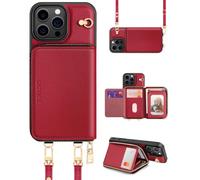 OCASE Custodia a Portafoglio per iPhone 16 Pro, Indivisibile Portafoglio con Cerniera, 7 Slot Schede, 2 Cordino Tracolla, RFID Blocage, Custodie in Pelle per iPhone 16 Pro (6,3'') - Rosso Scuro