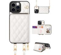 OCASE Custodia a Portafoglio per iPhone 16 Pro, Indivisibile Portafoglio con Cerniera, Slot Schede, Divisibile 2 Cordino Tracolla, RFID Blocage, Custodie in Pelle per iPhone 16 Pro (Losanga - Bianco)