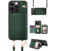 OCASE Custodia a Portafoglio per iPhone 16 Pro Max, Indivisibile Portafoglio con Cerniera, 7 Slot Schede, 2 Cordino Tracolla, RFID Blocage, Custodie in Pelle per iPhone 16 Pro Max - Verde Scuro