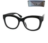 Occhiali anti luce blu graduati rétro neri oversize con custodia rigida | Montatura spessa in plastica nera; frontale 140 mm, lenti 48 x 41 mm, ponte 15-18 mm, aste 141 mm e peso 31 g