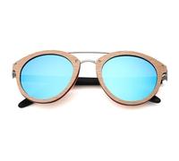 Occhiali da sole in legno, occhiali polarizzati per donna e uomo, UV400, occhiali da sole vintage alla moda per donna, occhiali da sole per esterni, blu ghiaccio, custodia rotonda in bambù C
