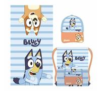 Set per bambini blu e marrone, con sacchetto di tessuto, asciugamano e cappello, stampa Bluey e Bingo, ideale per l'estate, originale in Spagna