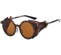 Occhiali da sole rotondi polarizzati da uomo e da donna retrò steampunk occhiali da sole in metallo moda pelle con pannello laterale stile gotico occhiali da sole rotondi (Taglia unica,Caffè)