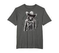 Occidentale Tristo Mietitore Cowboy Indossare Cappello Falce Teschio Art Maglietta