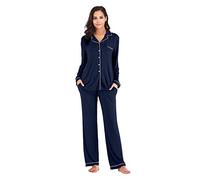 OCCIENTEC - Set Pigiama da Donna Classico Morbidissimo Pigiama Lungo Modal in Due Pezzi con Bottoni Indumenti da Notte Loungewear per Tutte Le Stagioni (Blu Navy, M)