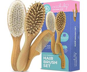 OCCObaby - Set di 3 spazzole per capelli e pettine per neonati e bambini | setole naturali di capra morbide per culla, setole di legno per massaggiare | perfetto per il registro dei bambini