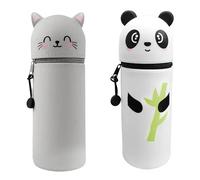 Occupaternm Astuccio in silicone morbido 2 in 1, Kawaii, portamatite con animali, portapenne da tavolo, per ragazzi e ragazze, Panda Bambù + Gatto Grigio, Kawaii
