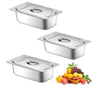 Occzin Set di 3 vassoi in acciaio inox con coperchio, contenitore GN 1/3, 32,5 x 17,5 x 6,5 cm, rettangolare, contenitore in metallo per cotolette, carne, pesce, panierstrasse, buffet e catering