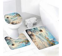 Ocean Beach Nautical Coastal Lighthouse Hawaiian Seasides Sailboat Seashells Blue Teal Set Di Tappeti Da Bagno 3 Pezzi, Tappetino Da Bagno Assorbente Tappetino Contorno Wc Per Toeletta