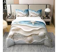 Ocean Beach - Set copripiumino in 100% cotone per letto king size, in microfibra costiera, per bambini, ragazzi, ragazze, stelle marine, conchiglie di corallo, per camera da letto, motivo onde del
