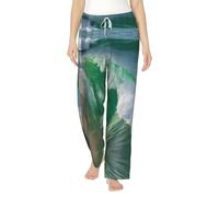 Ocean Green Wave Surf Con La Riva Stampa Flanella Pigiama Pantaloni Con Tasche Caldo Sonno Lounge Pantaloni Pigiama Pj Bottoms Sleepwear, Nero , L